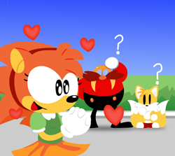 Size: 1388x1239 | Tagged: safe, artist:thehoraco, amy rose, miles "tails" prower, robotnik, abstract background, classic amy, classic robotnik, classic tails, daytime, heart, lineless, looking offscreen, outdoors, question mark, redraw, sonic drift, sparkling eyes, standing, trio