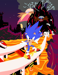Size: 2686x3452 | Tagged: safe, artist:xavtag, robotnik, sonic the hedgehog, human, sonic spinball, abstract background, classic robotnik, classic sonic, duo, lava, pinball flipper, rail grinding, redraw, star (sky)