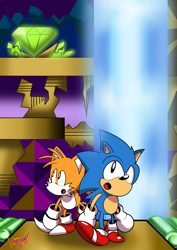 Size: 1447x2039 | Tagged: safe, artist:maniacdrawgus, miles "tails" prower, sonic the hedgehog, sonic the hedgehog 2, 2018, :o, abstract background, classic sonic, classic tails, duo, hidden palace zone, looking offscreen, mania style, mouth open, signature, standing, waterfall