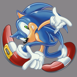 Size: 640x640 | Tagged: safe, artist:dman_0605, sonic the hedgehog, sonic adventure, greg martin style, grey background, looking at viewer, pointing, posing, simple background, smile, solo