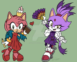 Size: 900x728 | Tagged: safe, artist:sayuri-amaya, amy rose, blaze the cat, cat, hedgehog, the murder of sonic the hedgehog, 2023, amy x blaze, blaze's industrial dress, cute, female, females only, heart, lesbian, looking at viewer, shipping