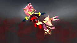 Size: 3840x2160 | Tagged: safe, artist:themythicrai, amy rose, blaze the cat, cat, hedgehog, 2018, 3d, amy x blaze, blaze's tailcoat, cute, female, females only, flying, holding them, lesbian, shipping