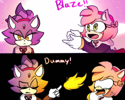 Size: 1024x820 | Tagged: safe, artist:lackypop, amy rose, blaze the cat, cat, hedgehog, 2014, amy x blaze, cute, english text, eyes closed, female, females only, flame, lesbian, shipping