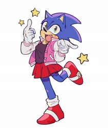 Size: 1729x2048 | Tagged: safe, artist:deathamaranth, sonic the hedgehog, 2023, blushing, clothes, jacket, looking at viewer, mouth open, one fang, pointing, shirt, simple background, skirt, smile, solo, standing on one leg, trans female, transgender, white background