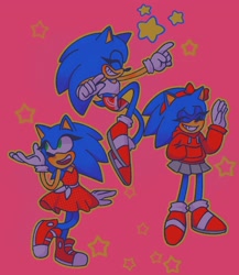 Size: 1776x2048 | Tagged: safe, artist:pixellightart, sonic the hedgehog, 2023, bow, clothes, crop top, dress, headband, hoodie, outline, pink background, shorts, simple background, skirt, smile, solo, standing, star (symbol), trans female, transgender