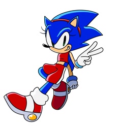 Size: 913x991 | Tagged: safe, artist:possqueen, sonic the hedgehog, 2022, clothes, crop top, headband, looking at viewer, shorts, simple background, smile, solo, trans female, transgender, v sign, white background