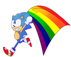Size: 2048x1642 | Tagged: safe, artist:fuzzybreadtyrant, sonic the hedgehog, classic sonic, flag, gay pride, holding something, looking offscreen, pride, pride flag, simple background, smile, solo, transparent background