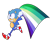 Size: 2048x1642 | Tagged: safe, artist:fuzzybreadtyrant, sonic the hedgehog, alternate version, classic sonic, classic sonic (universe), flag, holding something, looking offscreen, mlm pride, pride, pride flag, simple background, smile, solo, transparent background