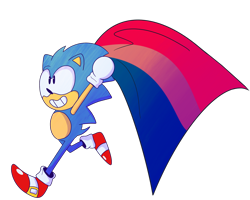 Size: 2048x1642 | Tagged: safe, artist:fuzzybreadtyrant, sonic the hedgehog, alternate version, bisexual pride, classic sonic, flag, holding something, looking offscreen, pride, pride flag, simple background, smile, solo, transparent background