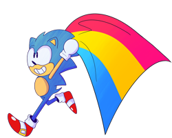 Size: 2048x1642 | Tagged: safe, artist:fuzzybreadtyrant, sonic the hedgehog, alternate version, classic sonic, flag, holding something, looking offscreen, pansexual pride, pride, pride flag, simple background, smile, solo, transparent background
