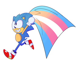 Size: 2048x1642 | Tagged: safe, artist:fuzzybreadtyrant, sonic the hedgehog, alternate version, classic sonic, flag, holding something, looking offscreen, pride, pride flag, simple background, smile, solo, trans pride, transparent background