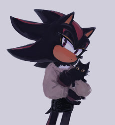 Size: 1099x1200 | Tagged: safe, artist:rayactivefactory, shadow the hedgehog, cat, carrying them, clothes, duo, grey background, literal animal, looking at viewer, simple background, skirt, sweater, trans female, transgender