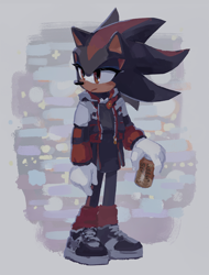 Size: 910x1200 | Tagged: safe, artist:rayactivefactory, shadow the hedgehog, :/, abstract background, clothes, fizzy soda can, frown, holding something, jacket, looking offscreen, shirt, skirt, soda, solo, standing, trans female, transgender