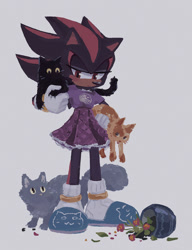Size: 1151x1500 | Tagged: safe, artist:rayactivefactory, shadow the hedgehog, cat, carrying them, grey background, group, holding them, lidded eyes, literal animal, looking at them, plant pot, shirt, simple background, skirt, standing, trans female, transgender