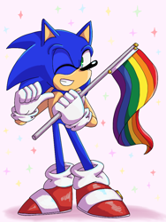 Size: 768x1024 | Tagged: safe, artist:zippityzap, sonic the hedgehog, flag, gay pride, looking at viewer, pink background, pride, pride flag, simple background, smile, solo, sparkles, standing, wink