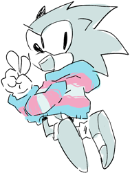 Size: 691x916 | Tagged: safe, artist:fuzz-draws, sonic the hedgehog, clothes, hoodie, looking offscreen, monochrome, simple background, smile, solo, trans pride, v sign, white background