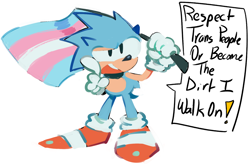 Size: 1280x842 | Tagged: safe, artist:fuzz-draws, sonic the hedgehog, classic sonic, dialogue, english text, flag, holding something, pointing, pointing at viewer, pride, pride flag, simple background, solo, standing, talking to viewer, trans pride, white background