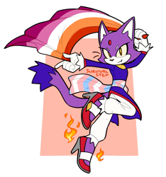 Size: 1435x1530 | Tagged: safe, artist:survivalstep, blaze the cat, flag, holding something, lesbian, lesbian pride, looking at viewer, one fang, pride, pride flag, redraw, semi-transparent background, signature, smile, solo, trans female, trans pride, transgender, yellow sclera