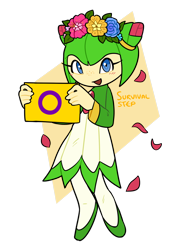 Size: 900x1211 | Tagged: safe, artist:survivalstep, cosmo the seedrian, cute, flag, flower, flower crown, holding something, intersex, intersex pride, looking at viewer, mouth open, pansexual, pansexual pride, petals, pride, pride flag, semi-transparent background, signature, smile, solo, standing