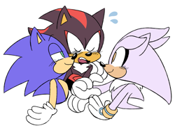 Size: 1021x750 | Tagged: safe, artist:gaysilver, shadow the hedgehog, silver the hedgehog, sonic the hedgehog, arm around shoulders, blushing, cute, eyes closed, flat colors, gay, polyamory, shadow x silver, shadow x sonic, shipping, simple background, smile, sonadilver, sonilver, trio, white background