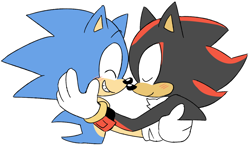 Size: 1280x753 | Tagged: safe, artist:gaysilver, shadow the hedgehog, sonic the hedgehog, blushing, cute, duo, eyes closed, flat colors, gay, holding each other, shadow x sonic, shadowbetes, shipping, simple background, smile, sonabetes, white background