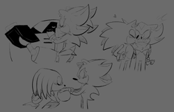 Size: 1248x807 | Tagged: safe, artist:deimostes, e-123 omega, knuckles the echidna, shadow the hedgehog, sonic the hedgehog, blushing, cute, eyes closed, gay, grey background, group, heart, kiss, kiss on cheek, kiss on hand, knuxadow, line art, omegadow, robot, shadow x sonic, shipping, simple background, standing, top surgery scars, trans male, transgender