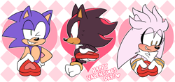 Size: 1280x603 | Tagged: safe, artist:gaysilver, shadow the hedgehog, silver the hedgehog, sonic the hedgehog, abstract background, english text, frown, heart, holding something, looking at viewer, looking away, outline, smile, sweatdrop, valentine's day, wink