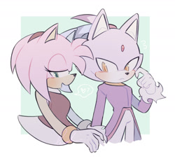Size: 1655x1506 | Tagged: safe, artist:softyleonita, amy rose, blaze the cat, cat, hedgehog, 2024, amy x blaze, amy's halterneck dress, blaze's tailcoat, blushing, cute, female, females only, holding hands, lesbian, looking at them, shipping