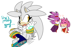 Size: 1280x845 | Tagged: safe, artist:ask-silver-the-hedgie, amy rose, blaze the cat, silver the hedgehog, amy x blaze, ask response, dialogue, english text, eyelashes, heart, lesbian, pointing, shipping, simple background, trio, white background