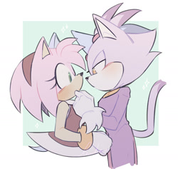 Size: 1600x1514 | Tagged: safe, artist:softyleonita, amy rose, blaze the cat, cat, hedgehog, 2024, amy x blaze, amy's halterneck dress, blaze's tailcoat, blushing, cute, female, females only, hand on chin, lesbian, looking at each other, shipping