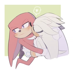 Size: 1619x1561 | Tagged: safe, artist:softyleonita, knuckles the echidna, silver the hedgehog, blushing, cute, duo, gay, heart, holding each other, kiss on cheek, knuxilver, looking away, shipping