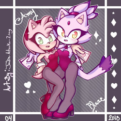 Size: 1024x1024 | Tagged: safe, artist:jalin-atsuko-ling, amy rose, blaze the cat, cat, hedgehog, 2018, amy x blaze, cute, female, females only, hearts, lesbian, looking at viewer, shipping, sparkles