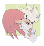 Size: 1568x1652 | Tagged: safe, artist:softyleonita, knuckles the echidna, silver the hedgehog, blushing, cute, duo, eyes closed, gay, heart, holding them, kiss on cheek, knuxilver, mouth open, shipping, silvabetes