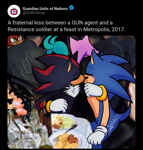 Size: 1238x1300 | Tagged: safe, artist:ayelenth, gadget the wolf, shadow the hedgehog, sonic the hedgehog, arm around shoulders, duo focus, eyes closed, gay, group, kiss, shadow x sonic, shipping, signature, sitting, twitter