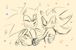 Size: 1601x1049 | Tagged: safe, artist:kyradrawss, shadow the hedgehog, sonic the hedgehog, 2024, blushing, cute, duo, eyes closed, frown, gay, heart, holding hands, holding them, line art, looking at viewer, musical note, shadow x sonic, shipping, simple background, sketch, smile, sweatdrop, tongue out