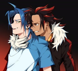 Size: 2048x1875 | Tagged: safe, artist:bl00delectric, shadow the hedgehog, sonic the hedgehog, human, 2024, clothes, duo, frown, gay, gradient background, hand on another's throat, humanized, looking at each other, shadow x sonic, shipping, smile, standing