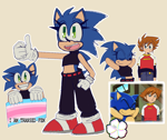 Size: 1456x1224 | Tagged: safe, artist:dreamscape-popstar, chris thorndyke, sonic the hedgehog, human, beige background, clothes, crop top, duo, english text, holding something, outline, pants, pride, pride flag, redraw, reference inset, simple background, smile, sonic x, thumbs up, trans female, transfem pride, transgender