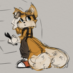 Size: 799x802 | Tagged: safe, artist:pand1on, miles "tails" prower, :o, clothes, goggles, holding something, looking back, overalls, redesign, sketch, solo, standing, w.i.p, wrench