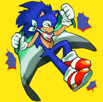 Size: 584x576 | Tagged: safe, artist:mealbits, sonic the hedgehog, alternate version, aromantic, aromantic pride, bandana, eyes closed, eyestrain, flag, holding something, pride, pride flag, simple background, smile, solo, trans male, trans pride, transgender, yellow background