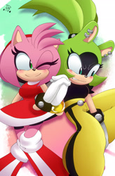 Size: 2012x3072 | Tagged: safe, artist:buddyhyped, amy rose, surge the tenrec, abstract background, blushing, duo, holding hands, lesbian, looking at them, looking away, shipping, smile, surgamy, wink