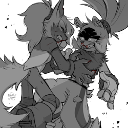 Size: 1400x1400 | Tagged: safe, artist:maskofnova, surge the tenrec, whisper the wolf, 2024, bleeding, blood, claws, clenched teeth, duo, eyes closed, greyscale, holding each other, injured, lesbian, licking lips, monochrome, nosebleed, shipping, signature, simple background, smile, standing, sweatdrop, whisper x surge, white background