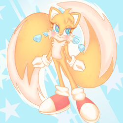 Size: 2048x2048 | Tagged: safe, artist:kytazinea, miles "tails" prower, 2024, abstract background, blushing, eyelashes, frown, looking offscreen, solo, standing, tears