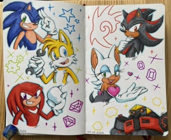 Size: 2048x1681 | Tagged: safe, artist:wyta-tidalhound, miles "tails" prower, rouge the bat, shadow the hedgehog, sonic the hedgehog, 2024, chaos emerald, group, heart, jewel, robot, shadow's logo, sparkles, star (symbol), traditional media, wrench