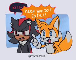 Size: 1739x1383 | Tagged: safe, artist:tinyratlet, miles "tails" prower, shadow the hedgehog, 2024, abstract background, dialogue, duo, english text, looking offscreen, signature, speech bubble