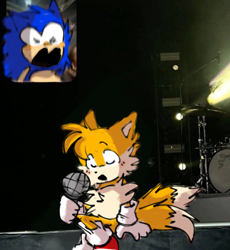 Size: 1453x1578 | Tagged: safe, artist:raccoon-loll, miles "tails" prower, sonic the hedgehog, 2024, blushing, cute, duo, fan screaming at madison beer, meme, singing, smile, sonabetes, tailabetes