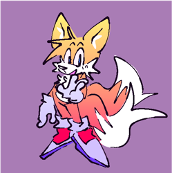 Size: 508x511 | Tagged: safe, artist:spibb, miles "tails" prower, 2024, looking at viewer, purple background, simple background, smile, solo, waving