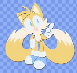 Size: 1580x1500 | Tagged: safe, artist:scribblekatz, miles "tails" prower, 2024, blue shoes, checkered background, hand on hip, lineless, looking at viewer, mouth open, pointing, smile, solo, standing