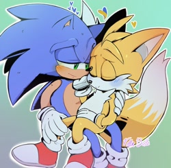Size: 1162x1139 | Tagged: safe, artist:funkiepoop, miles "tails" prower, sonic the hedgehog, 2024, cute, duo, gay, gradient background, heart, outline, shipping, signature, sitting, sitting on lap, sonic x tails
