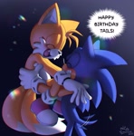 Size: 1826x1848 | Tagged: safe, artist:la_gata_golosa_, miles "tails" prower, sonic the hedgehog, 2024, alternate version, birthday, blushing, carrying them, dialogue, duo, english text, eyes closed, gradient background, signature, smile, standing, wagging tail