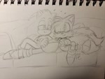 Size: 2048x1536 | Tagged: safe, artist:riri_galpal, miles "tails" prower, sonic the hedgehog, 2024, couch, duo, gay, heart, line art, one eye closed, pencilwork, shipping, sitting, sketch, sonic x tails, traditional media